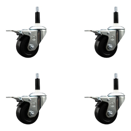 Service Caster 3'' Hard Rubber Swivel 7/8'' Expanding Stem Caster Set Total Lock Brake, 4PK SCC-EXTTL20S314-HRS-78-4